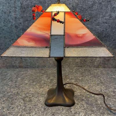 Arts & Crafts Style Stained Glass Table Lamp with Sculptural Base & Red Beaded Accent Details