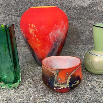 Art Glass Vase Lot | Hand-Blown, Studio & Decorative Glass in Red, Green, Iridescent & More