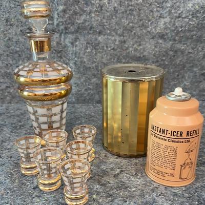 La Scala Italy Gold Art Glass Decanter Set with 6 Cordials | Includes Vintage Instant-Icer