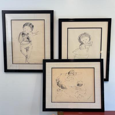 Set Of 3 Silk Matted Framed Etching Of Children | Signed By Artist