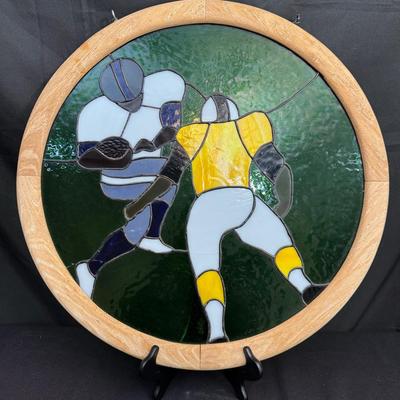 Round Stained Glass Football Art | Quarterback & Defender Scene with Wood Frame