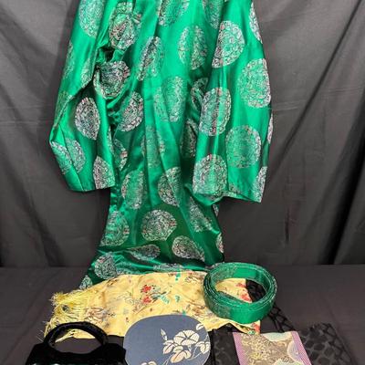Asian Robe & Accessories Lot | Embroidered Garment, Fan, Sashes, Purse & More