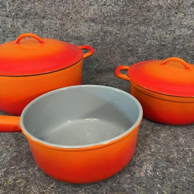 Vintage Descoware Flame Enameled Cookware | 3-Piece Set | Belgium Made, Gray Interior
