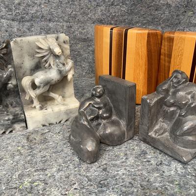 Mixed Bookends Lot | Stone Horses, Restoration Hardware Figures & Striped Wood Sets