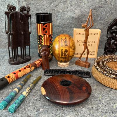 Global Folk Art & Decor Lot | African Carvings, Flutes, Baskets, Painted Egg & More

