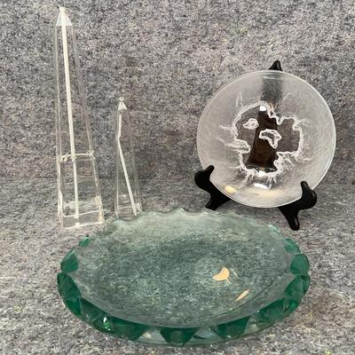 Signed Studio Art Glass Bowl with Scalloped Edge, HOYA Japan Plate & Firelight Obelisks Oil Candles