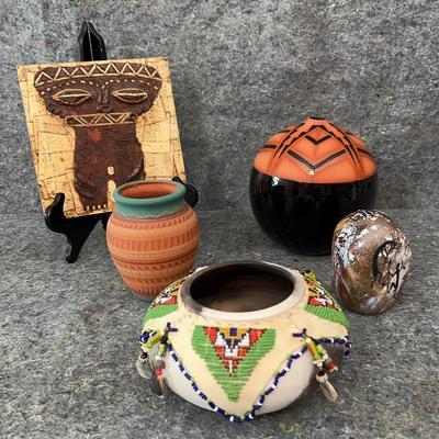 Decorative Pottery & Tribal-Inspired Art Lot | Southwest Vase, Beaded Bowl, African Tile & More

