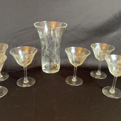 Pitcher And 6 Glasses-Etched Glass