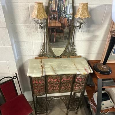 Antique Victorian Vanity, Marble Top-Mirror-Sconces