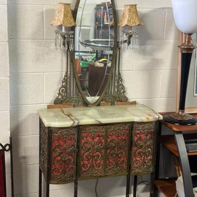 Antique Victorian Vanity, Marble Top-Mirror-Sconces