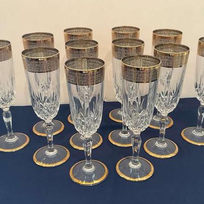 Set Of 12 Floral Goldleaf Pattern Glass Champagne Flutes