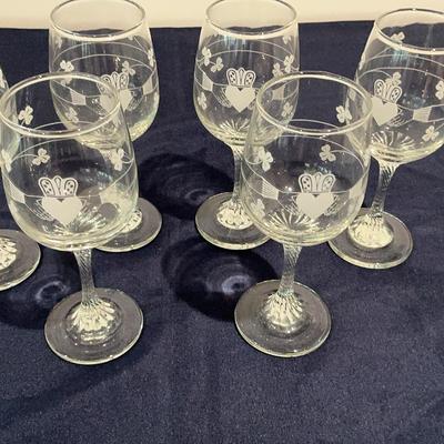 Six Claddaugh Shamrock Wine Glasses
