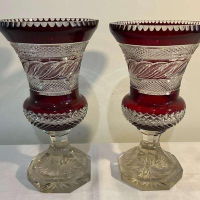 2 Red & White Bohemian Glass Vases 