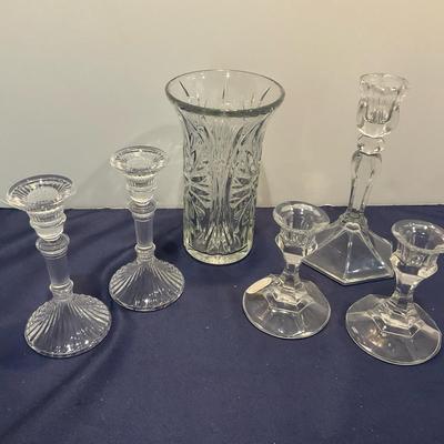 Glass And Lead Crystal Candle Holders And Heavy Glass Vase