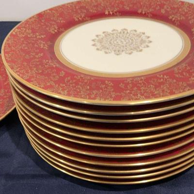 Twelve 11inch Bohemian Red, Gold And White Plates