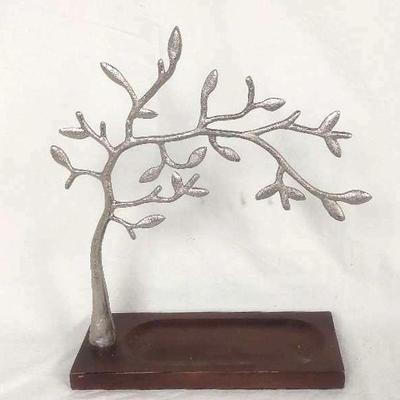 Figural Metal Jewelry Tree with Polished Wood Base