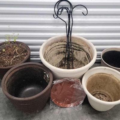 Assorted Indoor / Outdoor Planter Pots, Liners and Scroll Metal Hangers