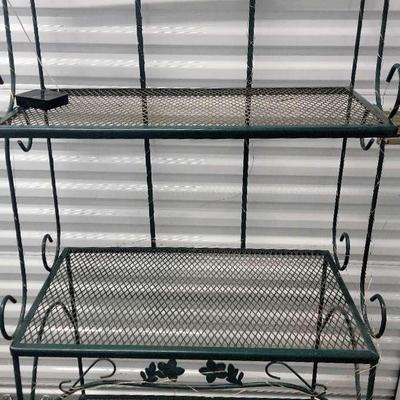 Vintage Metal Bakers Rack or Plant Stand with Glass Shelves and Green Ivy Trim