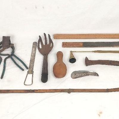 Antique Miscellaneous Tools & Measurements. Knife Sharpener, Jar Opener, Icing Blade,Hand Rake More!