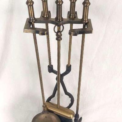 Vintage Colonial Brass Traditional Fireplace 5-Piece Set with Stand