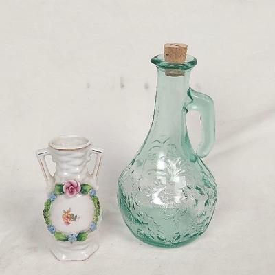 Green Tint Embossed Glass Cruet with Cork & Vintage 5" Bud Vase Made In Germany  Basket Weave Textur
