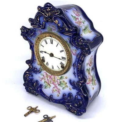 Sale Photo Thumbnail #10: Antique Ansonia Wautauga porcelain mantle clock