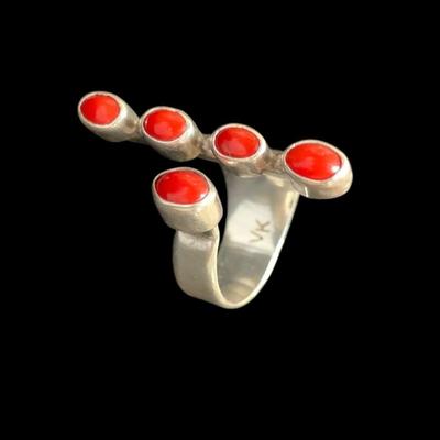 Sale Photo Thumbnail #29: Sterling and coral ring, signed VK (Verna Kanesta, Zuni Indian Silversmith)