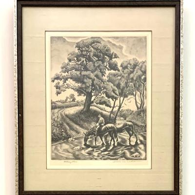 Sale Photo Thumbnail #4: Jackson Lee Nesbitt “ Watering Place” signed lithograph, 1941, image size 14 3/16  x 9 3/8, AAA info on back