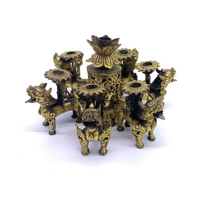 Sale Photo Thumbnail #169: Vtg. Chinese brass Foo Dog candelabra 