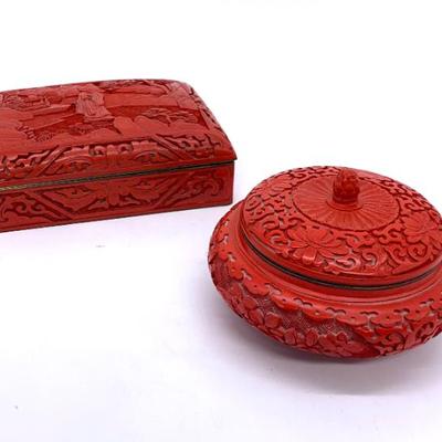 Sale Photo Thumbnail #15: 2 Chinese carved Cinnabar boxes w/ blue enamel interiors