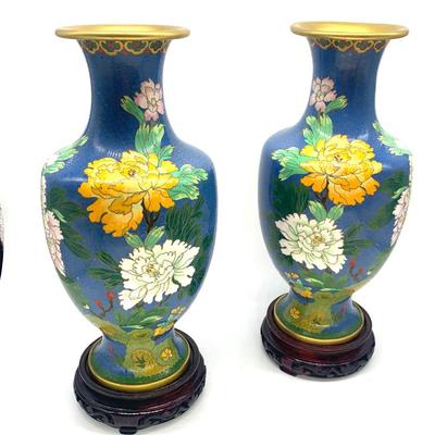 Sale Photo Thumbnail #35: Pr. Cloisonné vases, ht. 17” including bases