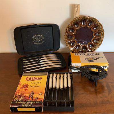 Vintage Cutlery & Trivet & Glass Egg Holder / Plate