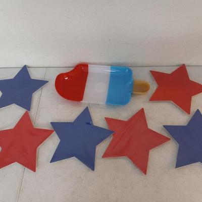 Way to Celebrate Red/White/Blue Ice Pop Serving Tray with (3) Red & (3) Blue 8-Pack Star Plates - All New