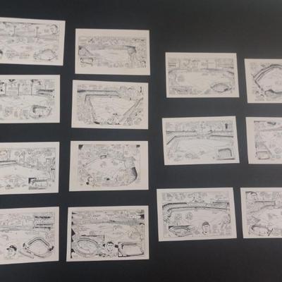 Vintage 1946-47 Complete Set of 14 Cartoon Illustration Ballpark Postcards by Gene Mack