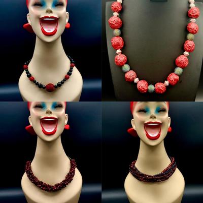 (4) Red Beaded Necklaces Feat. Cata 