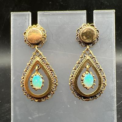 14K Gold Art Deco Opal Bead Scroll Dangle Earrings