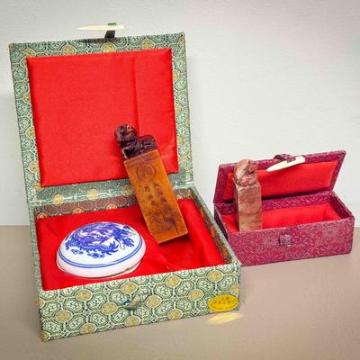 (2) Chinese Soapstone Name Seals with Dragon Ink Pot & Boxes