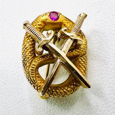 Vintage 10K Gold Theta Chai Serpent Pin with Sparkling Pink Gemstone Eye