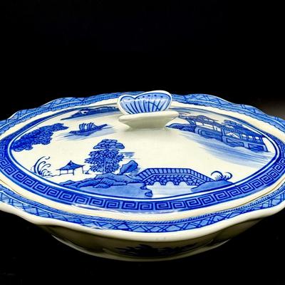 Blue & White Small Oval Casserole with a Butterfly Knob on the Lid