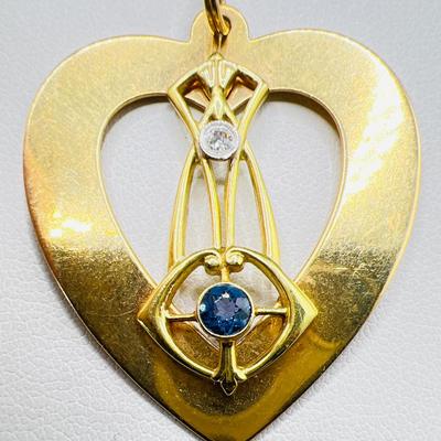 14K Gold Art Nouveau Heart Pendant with Diamond & Rare Blue Diamond