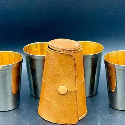 (3) Vintage Metal Shot Glasses With Case 