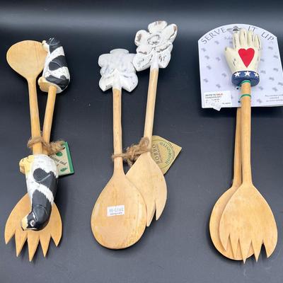 (3) Sets of Handcarved Handpainted Wooden Salad Spoons & Forks