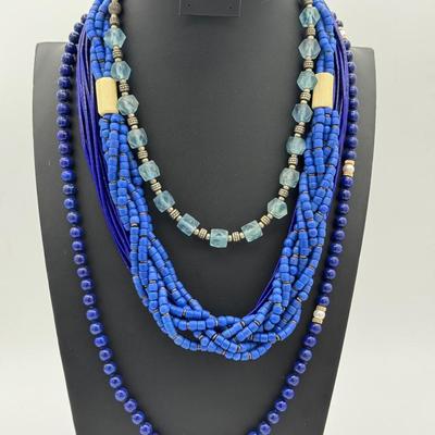 (4) Beaded Blue Necklaces