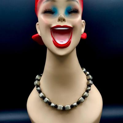 Silver Tone & Black Beaded Necklace