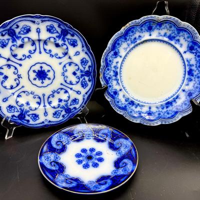 (3) Antique Blue Flow Plates