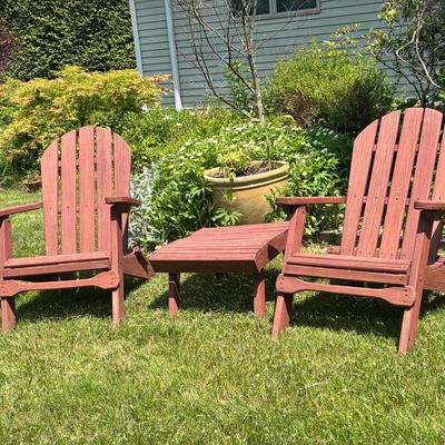 (2) Wooden Adirondack Chairs With A Table 