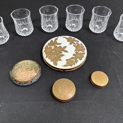 Vintage Cosmetic Compact Cases (4) and Set of 6 Lead Crystal Shot Glasses