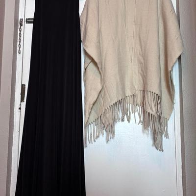 Ariella Black Jersey Floor Length Dress with Gold & Cream Colored Evening Partial Sleeve Cape