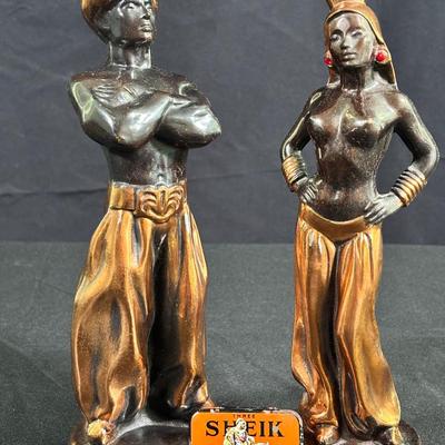Rare Vintage Bronze Copper Arabian Couple Statues & Vintage Metal Sheik Tin
