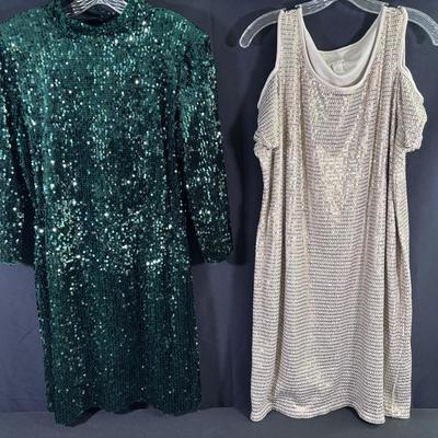 Donna Morgan Evening Dress, Long Sleeve, Bare Back, Green Sequins / Chico's Gold Sequin Dress